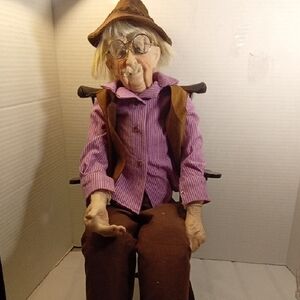 Vintage Elderly Man Porcelin Doll in Purple and Brown Outfit 23"